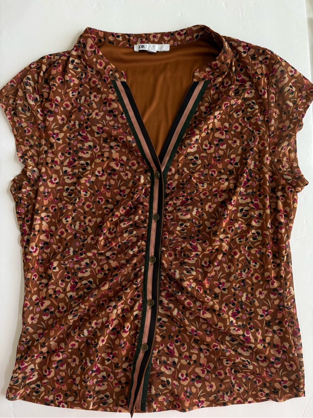 DR2 Brown Floral Button-Front Cap Sleeve Blouse with Pink Accents